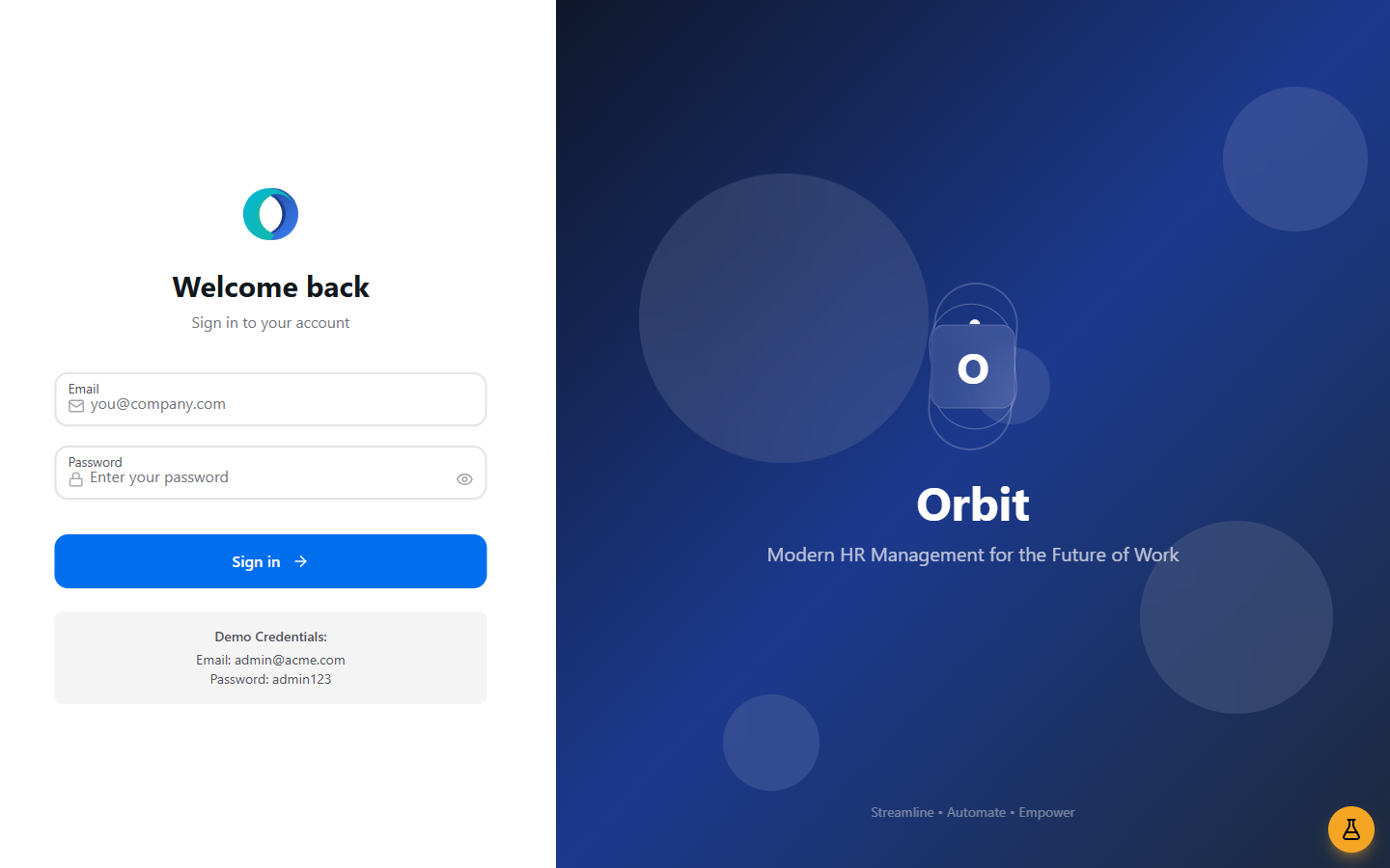 Orbit Sign in desktop interface