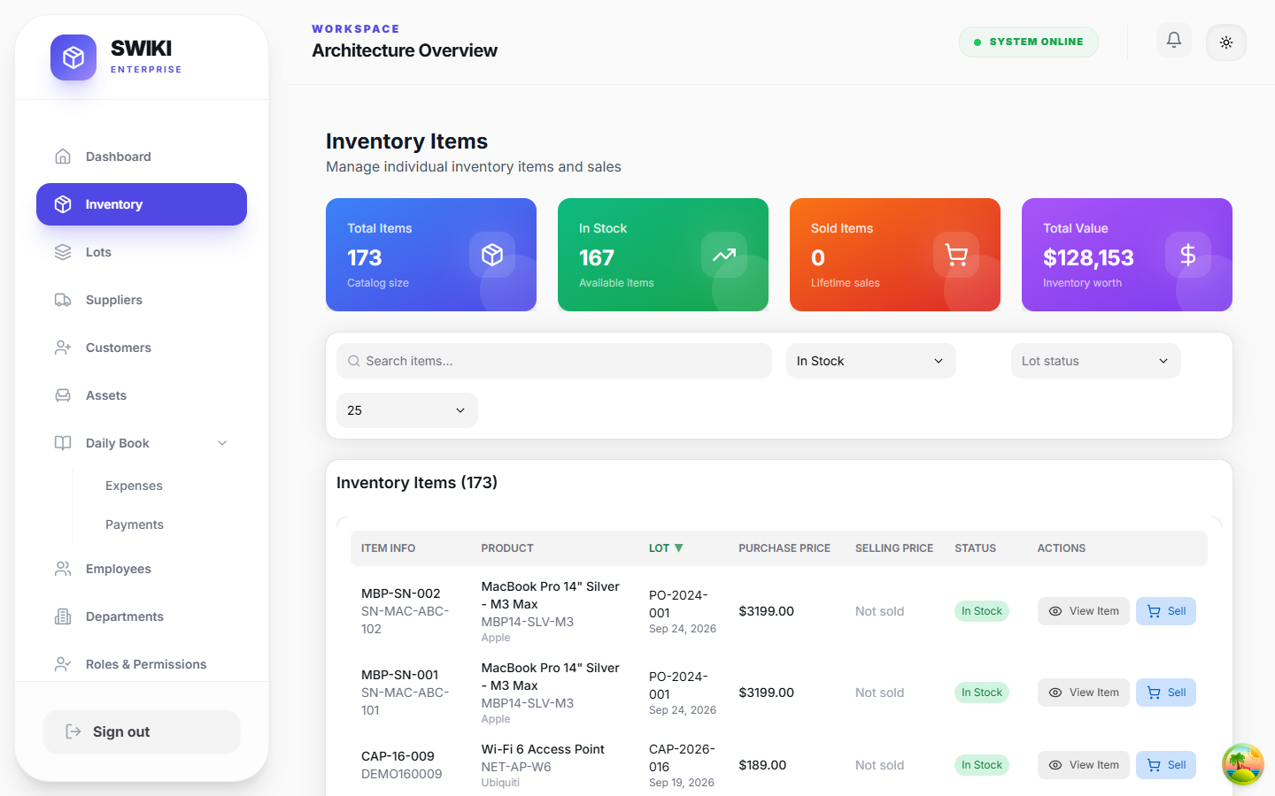 swiki Inventory desktop interface
